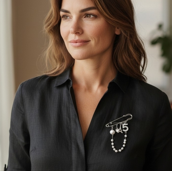 Pearl & Crystal Eiffel '5' Charm Safety Pin Brooch - Picture 2 of 4